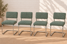 Load image into Gallery viewer, 70s Style Chrome Cantilever Dining Chair in Green Houndstooth Chenille
