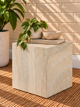 Load image into Gallery viewer, Isobel Cube Side Table in Ivory Travertine with a square sculptural form and natural stone-inspired finish.
