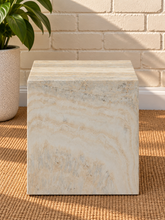 Load image into Gallery viewer, Isobel Cube Side Table in Ivory Travertine with a square sculptural form and natural stone-inspired finish.
