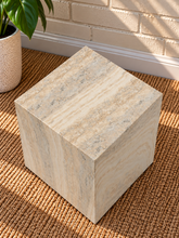 Load image into Gallery viewer, Isobel Cube Side Table in Ivory Travertine with a square sculptural form and natural stone-inspired finish.
