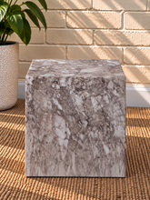 Load image into Gallery viewer, Isobel Cube Side Table in Mocha Marble with a square sculptural form and mottled brown marble-inspired finish.
