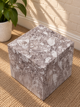 Load image into Gallery viewer, Isobel Cube Side Table in Mocha Marble with a square sculptural form and mottled brown marble-inspired finish.
