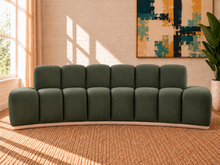 Load image into Gallery viewer, Jackie sofa in Olive Branch velvet with deep channel tufting, curved silhouette, and natural-finish rounded rubberwood base.
