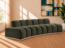 Load image into Gallery viewer, Jackie sofa in Olive Branch velvet with deep channel tufting, curved silhouette, and natural-finish rounded rubberwood base.
