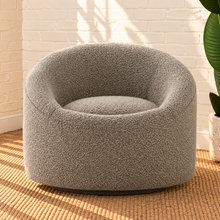 Load image into Gallery viewer, Jaden Moon Gray swivel accent chair with textured gray upholstery, rounded wraparound back, sloped arms and circular seat.
