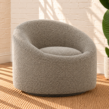 Load image into Gallery viewer, Jaden Moon Gray swivel accent chair with textured gray upholstery, rounded wraparound back, sloped arms and circular seat.
