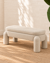 Load image into Gallery viewer, Janela ivory white chenille storage bench with rounded upholstered legs, cushioned lift-up seat and hidden interior storage.
