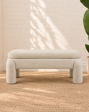 Load image into Gallery viewer, Janela ivory white chenille storage bench with rounded upholstered legs, cushioned lift-up seat and hidden interior storage.
