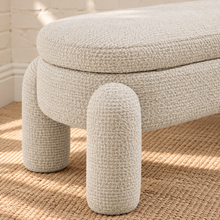 Load image into Gallery viewer, Janela ivory white chenille storage bench with rounded upholstered legs, cushioned lift-up seat and hidden interior storage.
