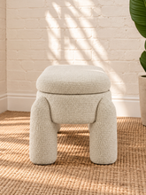 Load image into Gallery viewer, Janela ivory white chenille storage bench with rounded upholstered legs, cushioned lift-up seat and hidden interior storage.
