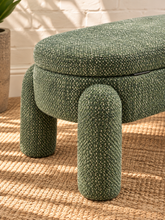 Load image into Gallery viewer, Janela olive sage chenille storage bench with rounded upholstered legs, cushioned lift-up top and hidden interior storage.
