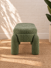 Load image into Gallery viewer, Janela olive sage chenille storage bench with rounded upholstered legs, cushioned lift-up top and hidden interior storage.
