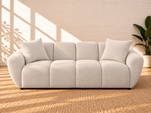 Load image into Gallery viewer, Image 1 of 5: Janice upholstered sofa in Misty Beige chenille with splayed arms, grid-tufted profile, and waterfall seat
