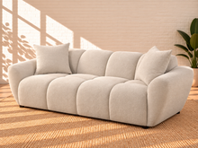 Load image into Gallery viewer, Image 2 of 5: Janice upholstered sofa in Misty Beige chenille with splayed arms, grid-tufted profile, and waterfall seat
