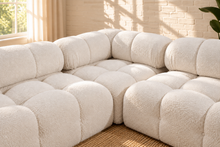Load image into Gallery viewer, Janine 4-piece modular sectional sofa in Creamy White boucle with rounded cushions, deep tufting, and contemporary low-profile design.
