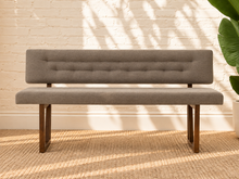 Load image into Gallery viewer, Jase ash grey upholstered dining bench with tufted backrest and walnut-finished geometric solid rubberwood legs.
