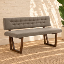 Load image into Gallery viewer, Jase ash grey upholstered dining bench with tufted backrest and walnut-finished geometric solid rubberwood legs.
