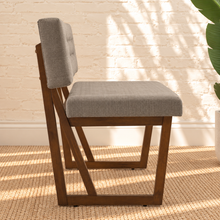 Load image into Gallery viewer, Jase ash grey upholstered dining bench with tufted backrest and walnut-finished geometric solid rubberwood legs.
