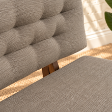 Load image into Gallery viewer, Jase ash grey upholstered dining bench with tufted backrest and walnut-finished geometric solid rubberwood legs.
