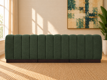Load image into Gallery viewer, Jerrold 3-piece sectional sofa in Deep Sage cross-hatched chenille with rounded channel-tufted cushions and dark brown espresso wood base.
