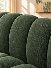 Load image into Gallery viewer, Jerrold 3-piece sectional sofa in Deep Sage cross-hatched chenille with rounded channel-tufted cushions and dark brown espresso wood base.
