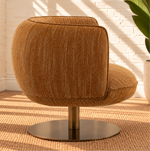 Load image into Gallery viewer, Jorina ochre bouclé swivel accent chair with rounded curved back, cushioned seat, textured upholstery, and concealed iron swivel base.
