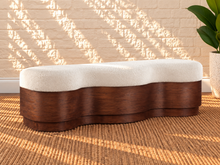 Load image into Gallery viewer, Joule curved Walnut dining bench upholstered in Cloud Ivory velour with sculptural wood base
