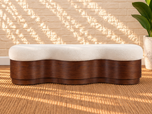 Load image into Gallery viewer, Joule curved Walnut dining bench upholstered in Cloud Ivory velour with sculptural wood base
