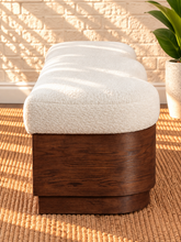 Load image into Gallery viewer, Joule curved Walnut dining bench upholstered in Cloud Ivory velour with sculptural wood base
