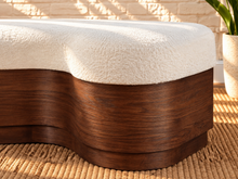 Load image into Gallery viewer, Joule curved Walnut dining bench upholstered in Cloud Ivory velour with sculptural wood base
