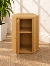 Load image into Gallery viewer, Kalel hexagonal oak side table with faceted wood veneer design, single cabinet door and interior shelf
