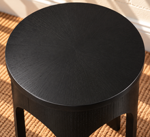 Load image into Gallery viewer, Kaylee sculptural side table in charcoal black with rounded top and arched openwork base.
