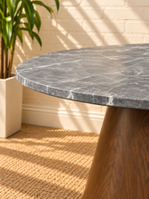 Load image into Gallery viewer, Image 3 of 4: Keller 50-inch round dining table with gray marble-look top and dark Walnut pedestal base
