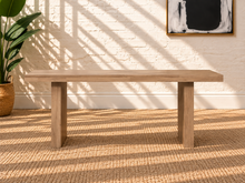 Load image into Gallery viewer, Kelly rectangular dining table in natural acacia wood with Brushed Smoke finish and two solid panel-style legs.
