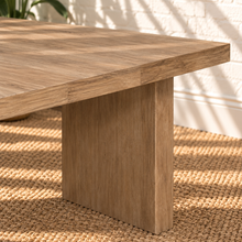 Load image into Gallery viewer, Kelly rectangular dining table in natural acacia wood with Brushed Smoke finish and two solid panel-style legs.
