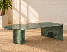 Load image into Gallery viewer, Kiara sage green genuine marble coffee table with rounded end, cylindrical pedestal base, slab support, and natural stone veining.
