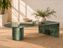 Load image into Gallery viewer, Kiara sage green genuine marble coffee table with rounded end, cylindrical pedestal base, slab support, and natural stone veining.
