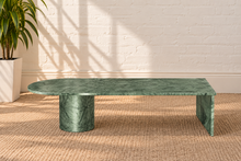 Load image into Gallery viewer, Kiara sage green genuine marble coffee table with rounded end, cylindrical pedestal base, slab support, and natural stone veining.
