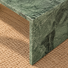 Load image into Gallery viewer, Kiara sage green genuine marble coffee table with rounded end, cylindrical pedestal base, slab support, and natural stone veining.
