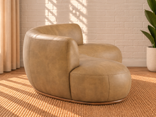Load image into Gallery viewer, Image 3 of 5: Kirby 2-Piece curved sectional sofa in Saddle Tan vegan leather with rounded seating and curved Rubberwood base
