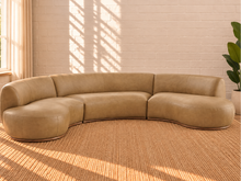 Load image into Gallery viewer, Image 1 of 5: Kirby 3-Piece curved sectional sofa in Saddle Tan vegan leather with rounded seating and curved Rubberwood base
