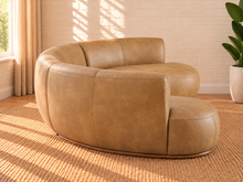 Load image into Gallery viewer, Image 3 of 5: Kirby 3-Piece curved sectional sofa in Saddle Tan vegan leather with rounded seating and curved Rubberwood base
