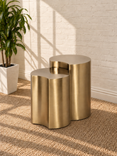Load image into Gallery viewer, Klein two-piece nesting side tables in brushed gold with curved sculptural forms.
