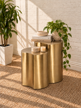 Load image into Gallery viewer, Klein two-piece nesting side tables in brushed gold with curved sculptural forms.
