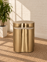 Load image into Gallery viewer, Klein two-piece nesting side tables in brushed gold with curved sculptural forms.
