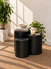 Load image into Gallery viewer, Klein three-piece Orbit nesting side tables in Midnight matte black with rounded cylindrical forms.
