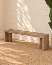 Load image into Gallery viewer, Kollie natural wood bench with long rectangular seat, waterfall-style ends and visible acacia wood grain.
