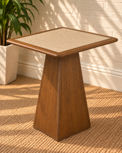Load image into Gallery viewer, Kyler counter height table in Natural Brown walnut finish with synthetic cane glass top and tapered pedestal base.
