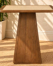 Load image into Gallery viewer, Kyler counter height table in Natural Brown walnut finish with synthetic cane glass top and tapered pedestal base.

