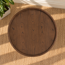 Load image into Gallery viewer, Lainey round dark walnut coffee table with raised rim, visible wood grain and four chunky ring-turned wood legs.
